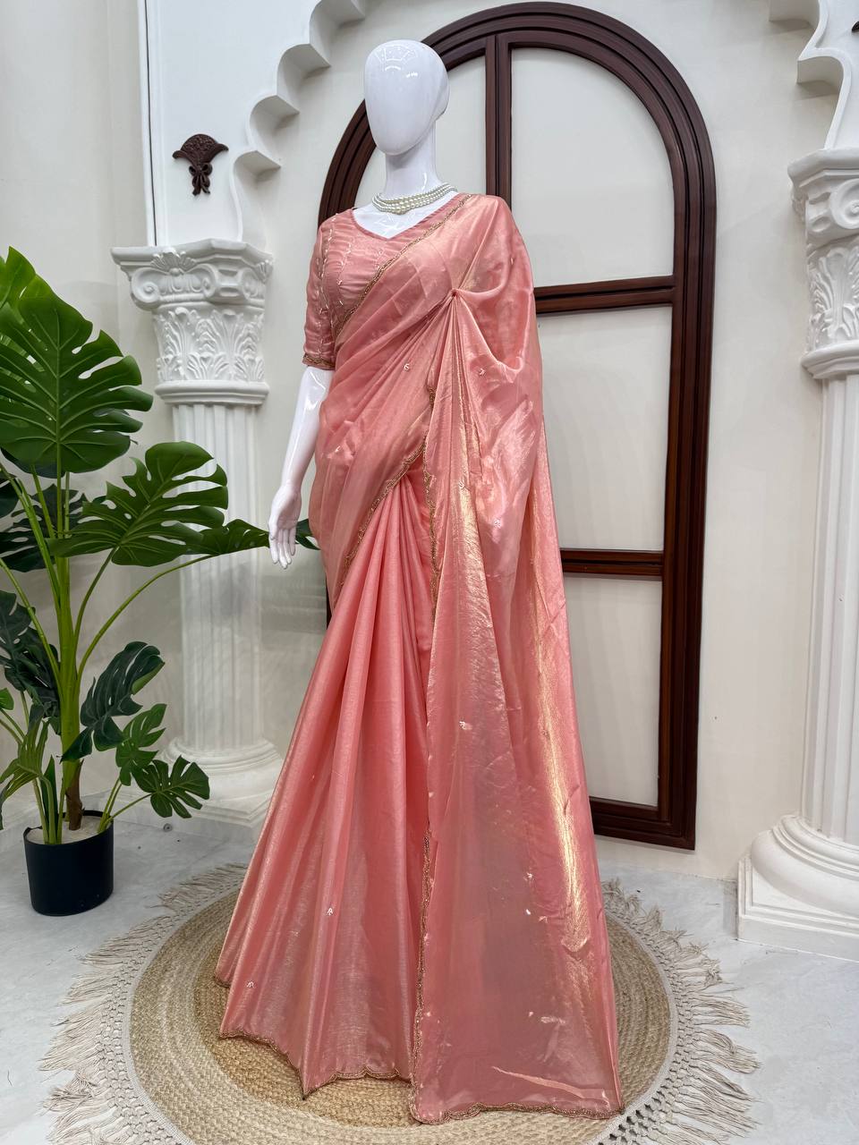 Fendy Silk Saree Sea Green & Peach Pink Scalloped Border Party Wear for Women