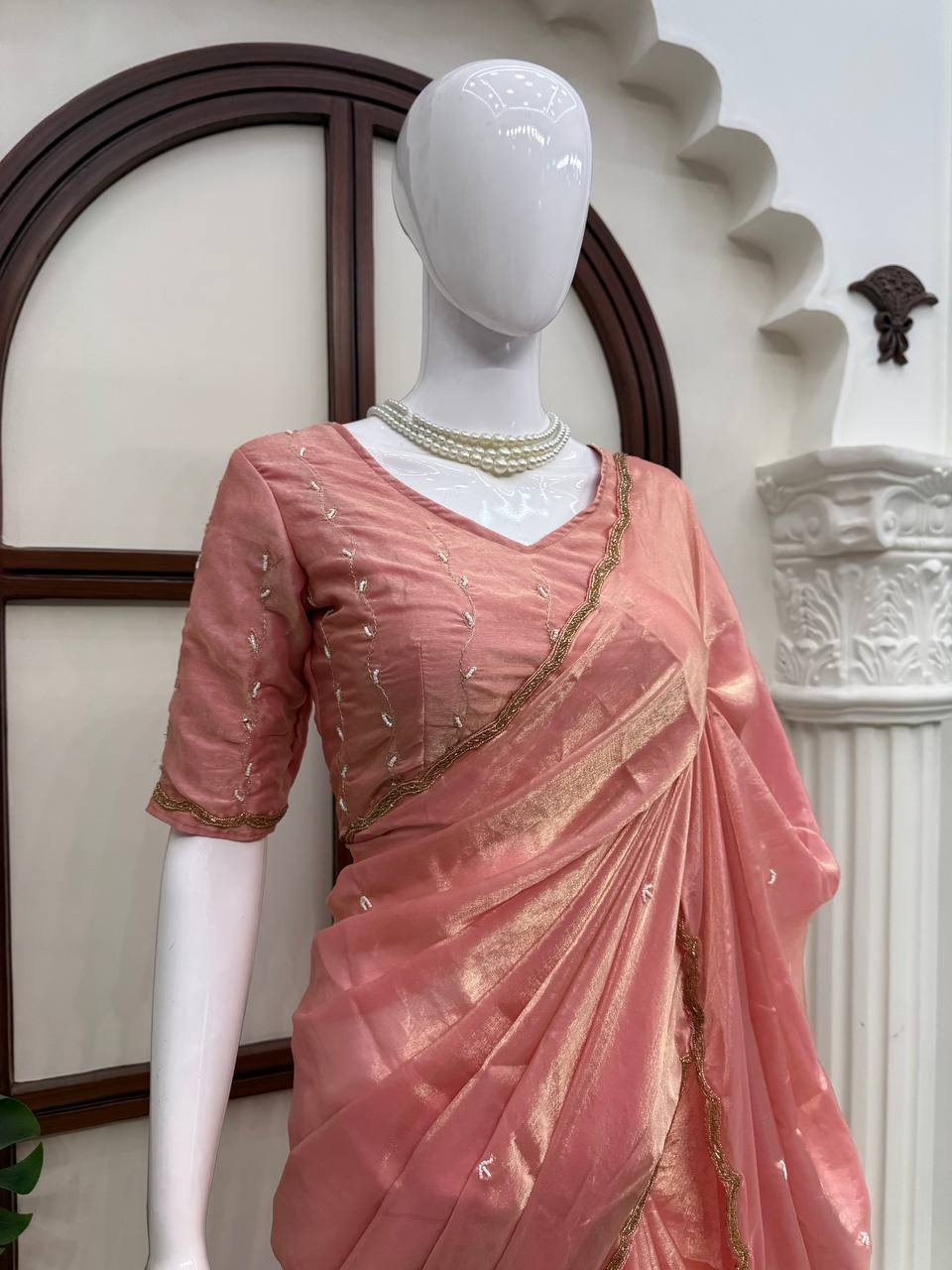 Fendy Silk Saree Sea Green & Peach Pink Scalloped Border Party Wear for Women