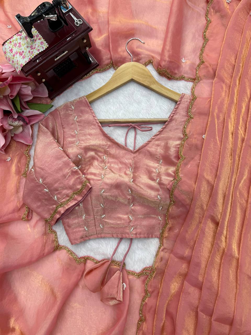 Fendy Silk Saree Sea Green & Peach Pink Scalloped Border Party Wear for Women