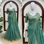 Fendy Silk Saree Sea Green & Peach Pink Scalloped Border Party Wear for Women
