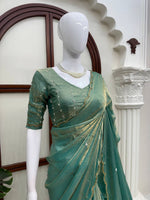 Fendy Silk Saree Sea Green & Peach Pink Scalloped Border Party Wear for Women
