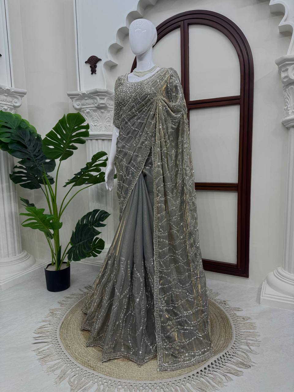 Grey Heavy Sequins Embroidered Tissue Saree with Blouse Wedding Party Wear