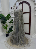 Grey Heavy Sequins Embroidered Tissue Saree with Blouse Wedding Party Wear