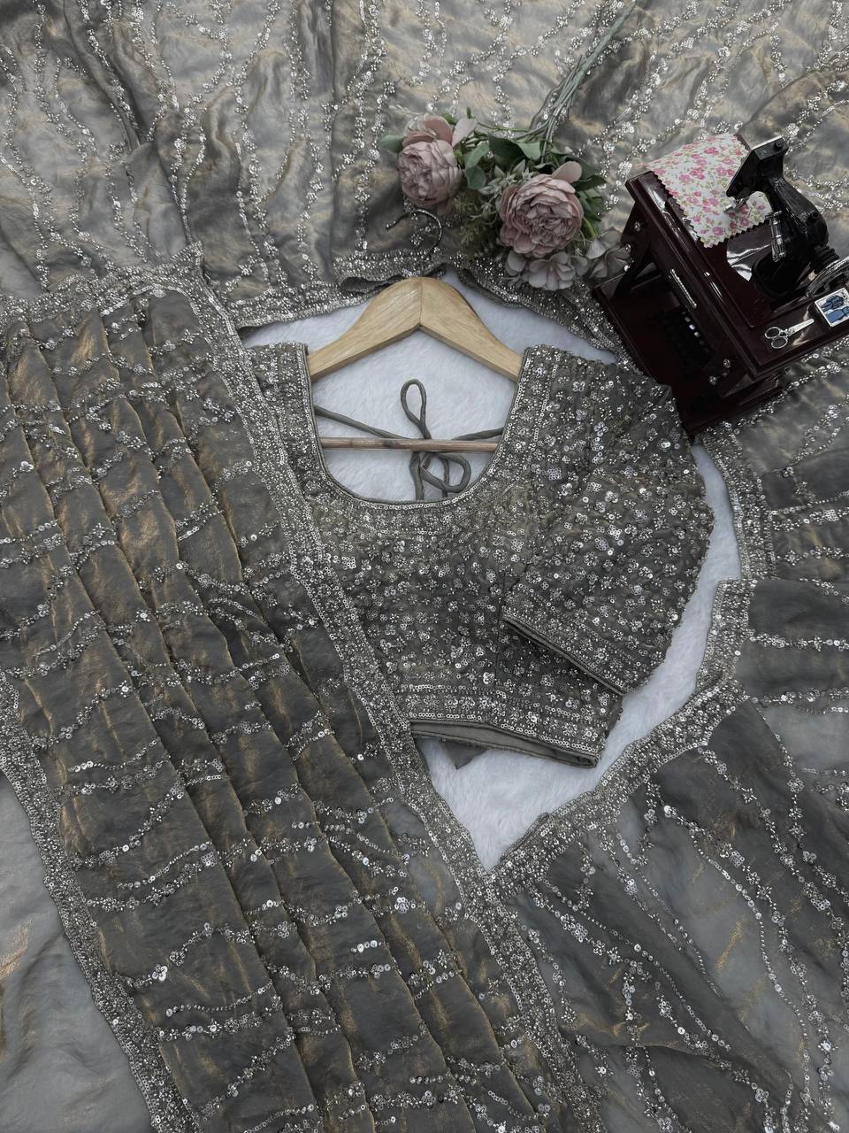 Grey Heavy Sequins Embroidered Tissue Saree with Blouse Wedding Party Wear