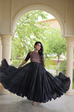 Navratri Special Black White Tiered Long Gown Mirror Work Garba Dress Women