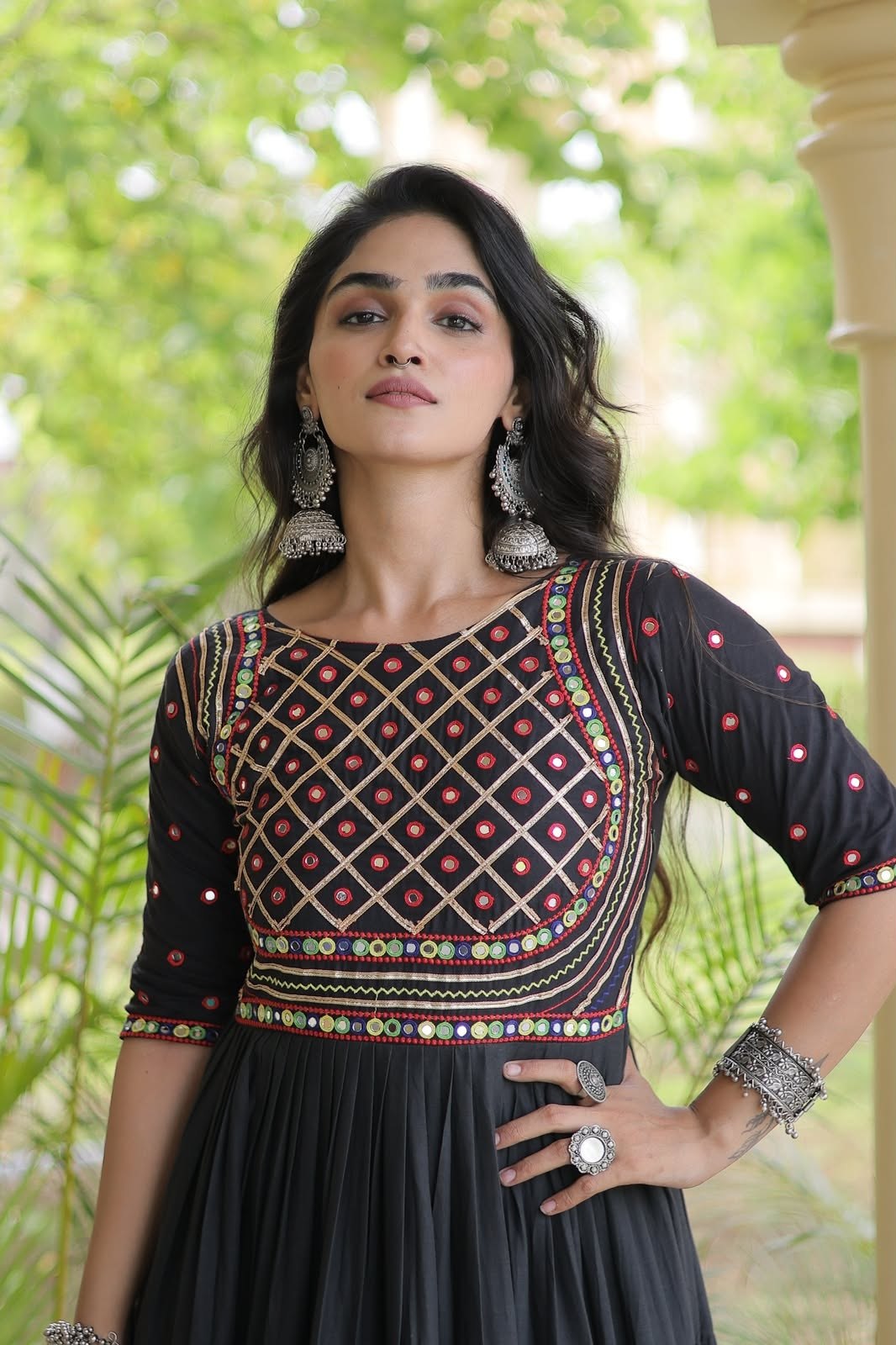 Navratri Special Black White Tiered Long Gown Mirror Work Garba Dress Women
