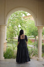 Navratri Special Black White Tiered Long Gown Mirror Work Garba Dress Women