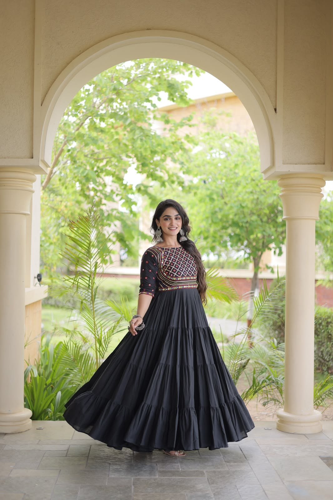 Navratri Special Black White Tiered Long Gown Mirror Work Garba Dress Women