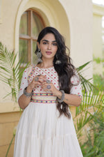 Navratri Special Black White Tiered Long Gown Mirror Work Garba Dress Women