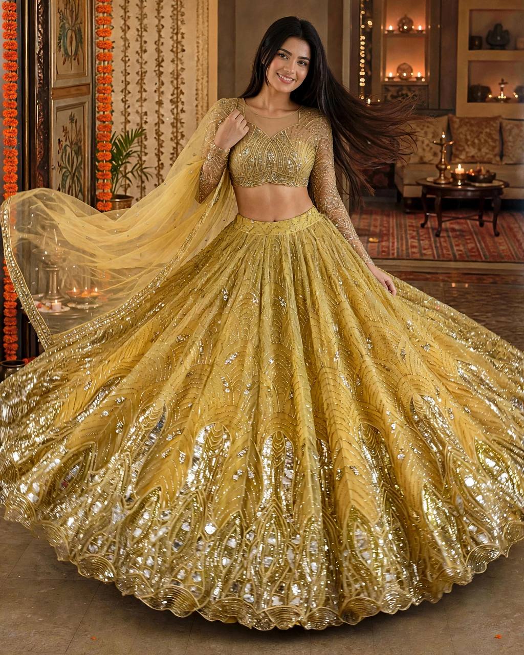 Designer Yellow Lehenga Choli Sequence Work Full Sleeve Blouse Wedding