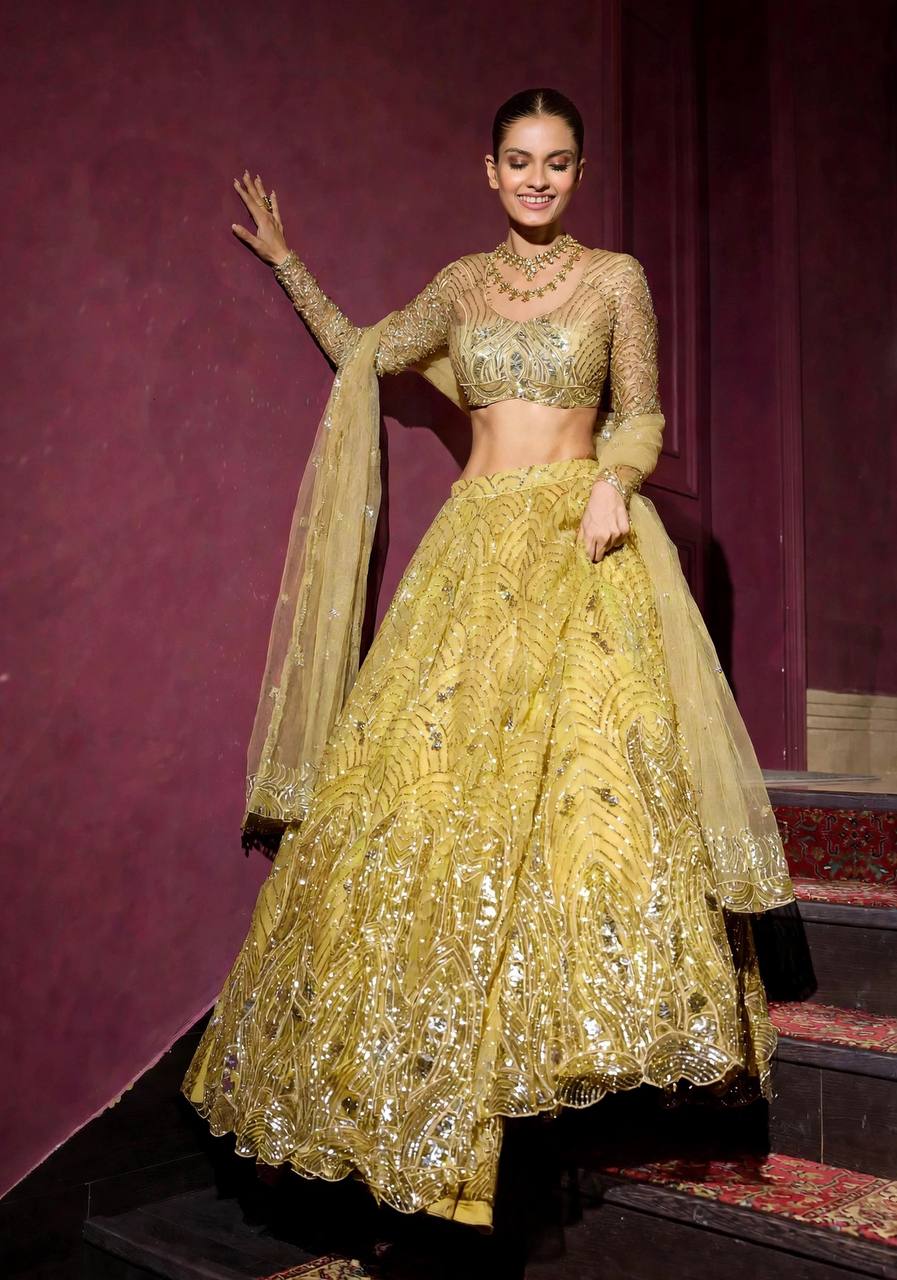 Designer Yellow Lehenga Choli Sequence Work Full Sleeve Blouse Wedding