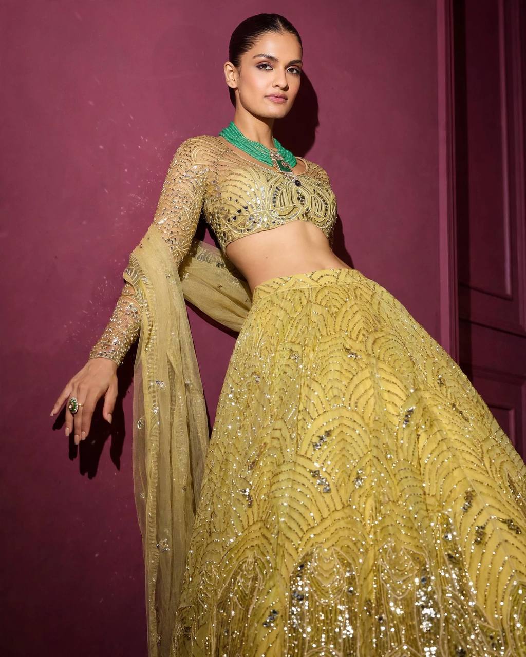 Designer Yellow Lehenga Choli Sequence Work Full Sleeve Blouse Wedding
