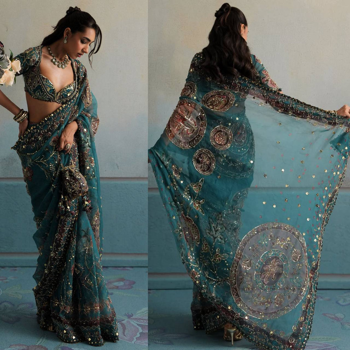 Teal Blue Star Shining Georgette Saree Floral Embroidery Sequins Work with Blouse Party Wear