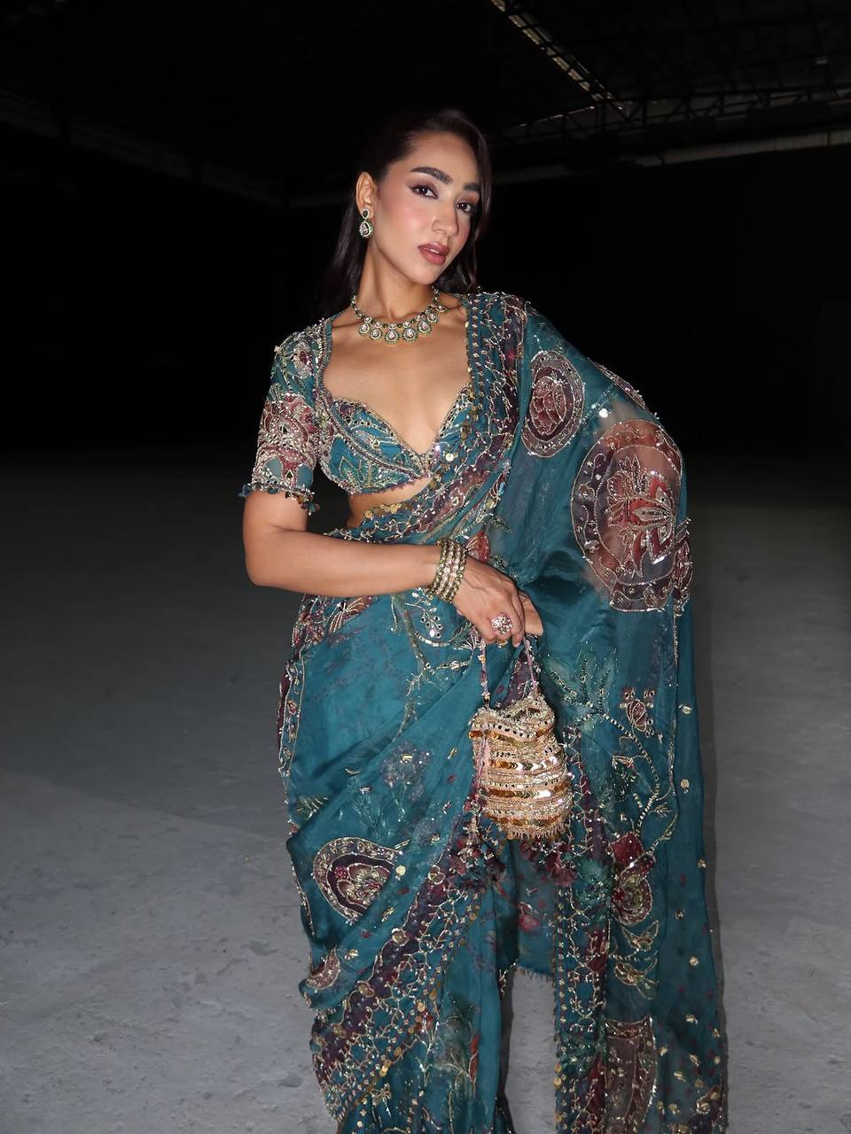Teal Blue Star Shining Georgette Saree Floral Embroidery Sequins Work with Blouse Party Wear