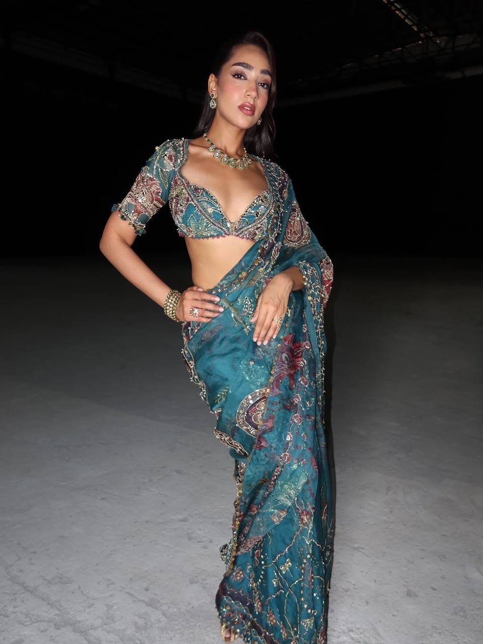 Teal Blue Star Shining Georgette Saree Floral Embroidery Sequins Work with Blouse Party Wear