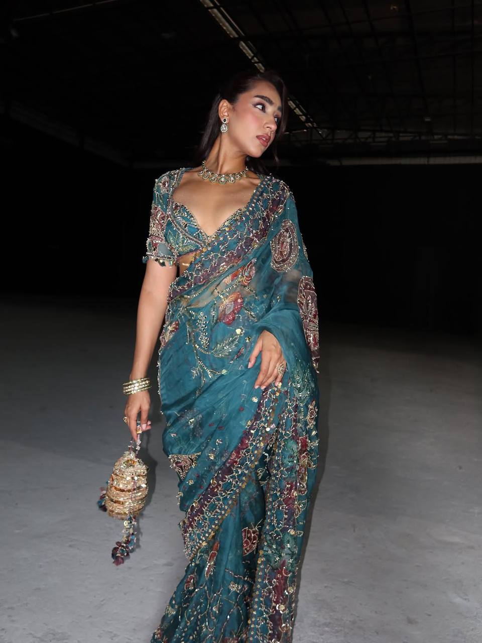 Teal Blue Star Shining Georgette Saree Floral Embroidery Sequins Work with Blouse Party Wear