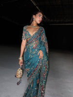 Teal Blue Star Shining Georgette Saree Floral Embroidery Sequins Work with Blouse Party Wear