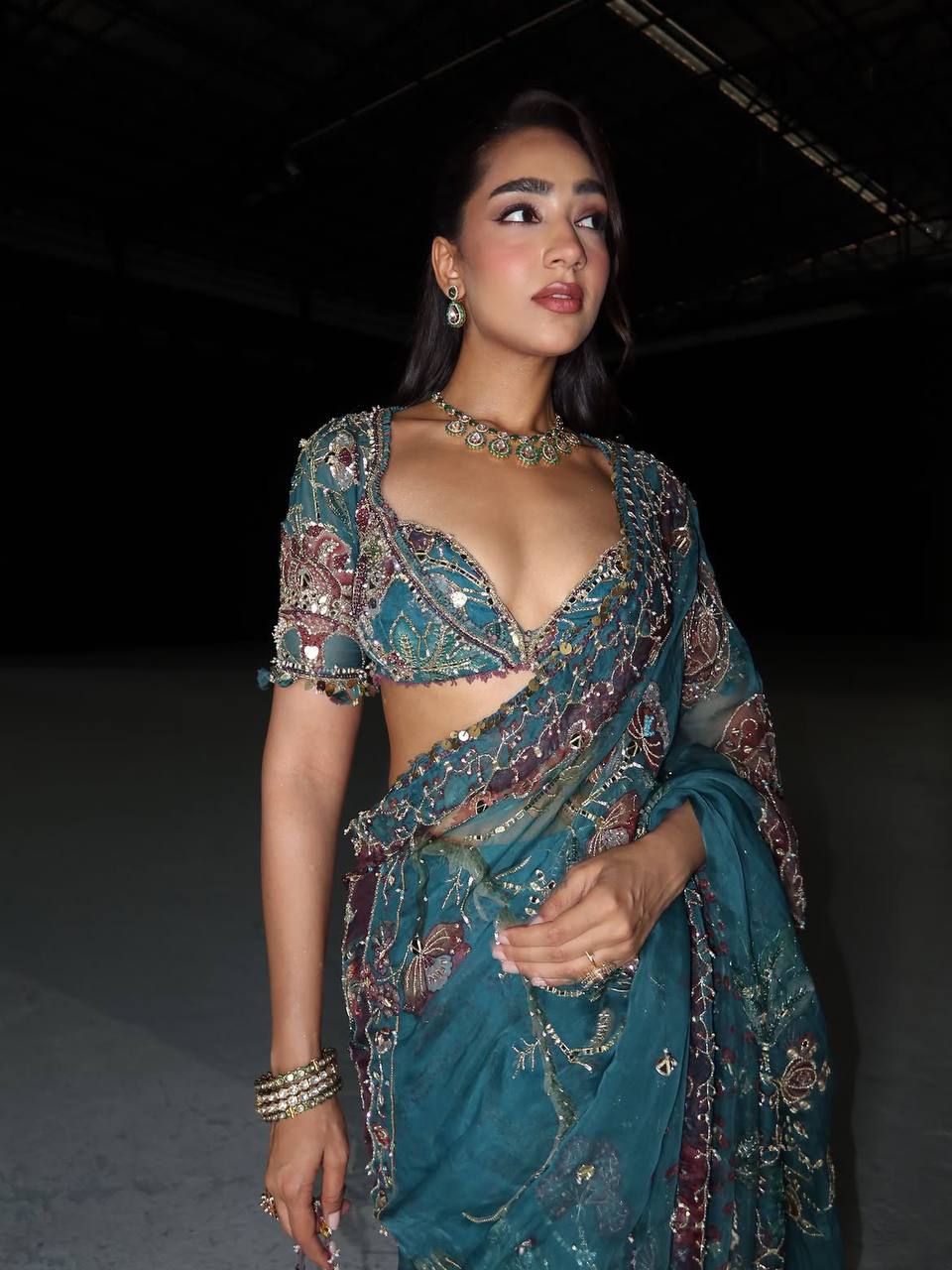 Teal Blue Star Shining Georgette Saree Floral Embroidery Sequins Work with Blouse Party Wear