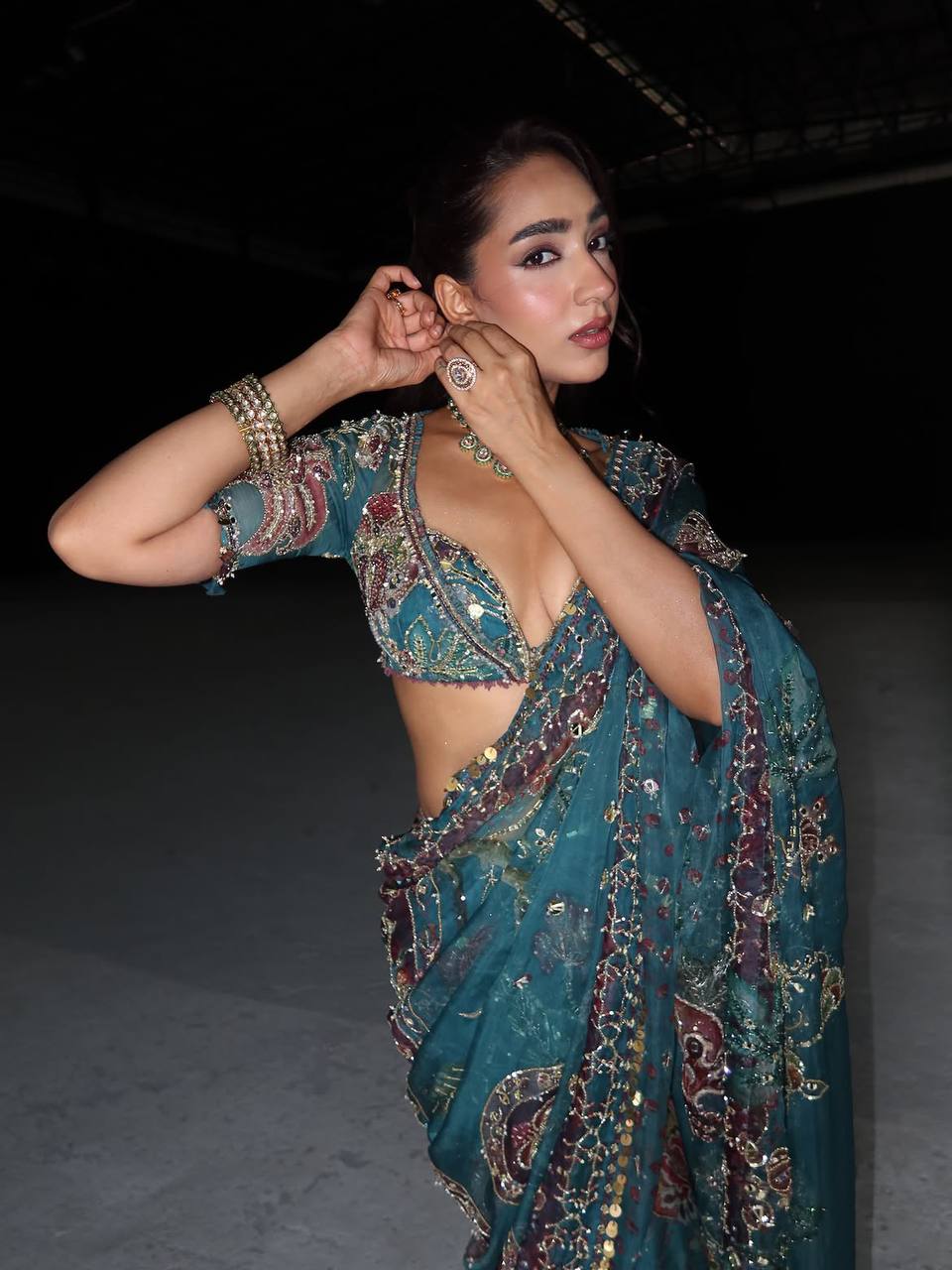 Teal Blue Star Shining Georgette Saree Floral Embroidery Sequins Work with Blouse Party Wear