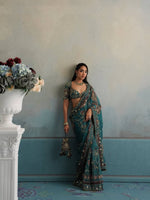 Teal Blue Star Shining Georgette Saree Floral Embroidery Sequins Work with Blouse Party Wear
