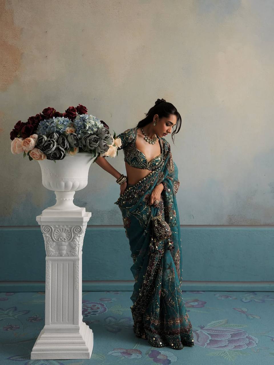 Teal Blue Star Shining Georgette Saree Floral Embroidery Sequins Work with Blouse Party Wear