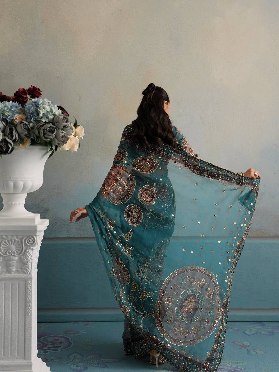Teal Blue Star Shining Georgette Saree Floral Embroidery Sequins Work with Blouse Party Wear