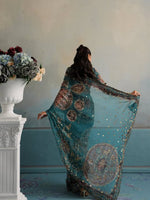 Teal Blue Star Shining Georgette Saree Floral Embroidery Sequins Work with Blouse Party Wear