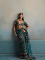 Teal Blue Star Shining Georgette Saree Floral Embroidery Sequins Work with Blouse Party Wear