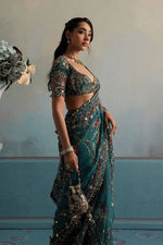 Teal Blue Star Shining Georgette Saree Floral Embroidery Sequins Work with Blouse Party Wear