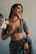 Teal Blue Star Shining Georgette Saree Floral Embroidery Sequins Work with Blouse Party Wear