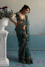 Teal Blue Star Shining Georgette Saree Floral Embroidery Sequins Work with Blouse Party Wear