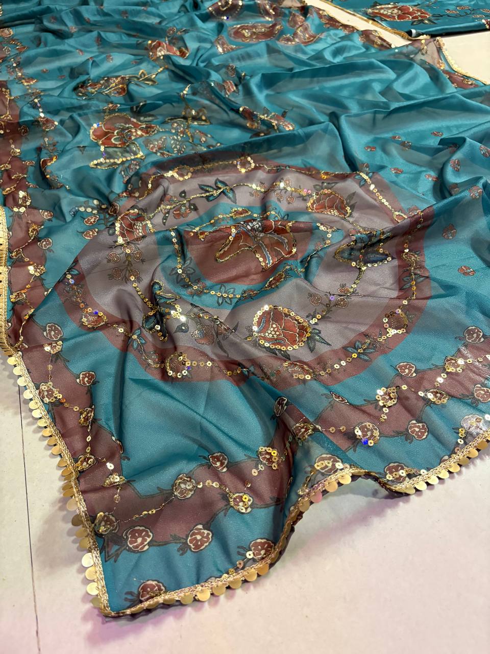 Teal Blue Star Shining Georgette Saree Floral Embroidery Sequins Work with Blouse Party Wear