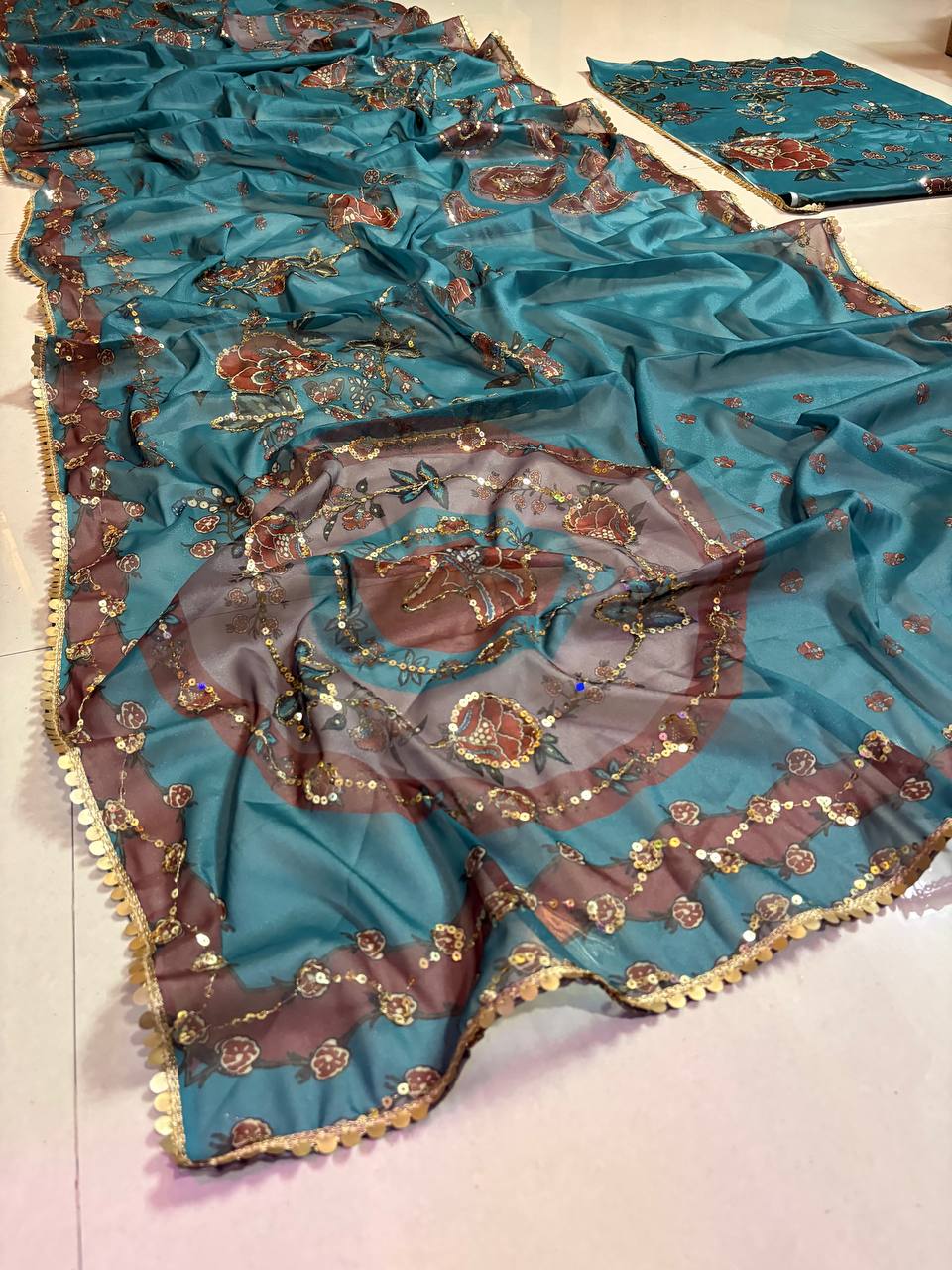 Teal Blue Star Shining Georgette Saree Floral Embroidery Sequins Work with Blouse Party Wear