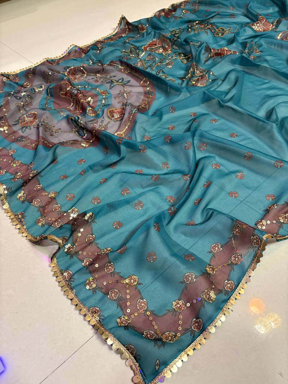 Teal Blue Star Shining Georgette Saree Floral Embroidery Sequins Work with Blouse Party Wear