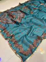 Teal Blue Star Shining Georgette Saree Floral Embroidery Sequins Work with Blouse Party Wear