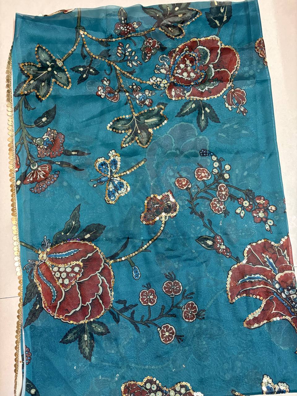 Teal Blue Star Shining Georgette Saree Floral Embroidery Sequins Work with Blouse Party Wear