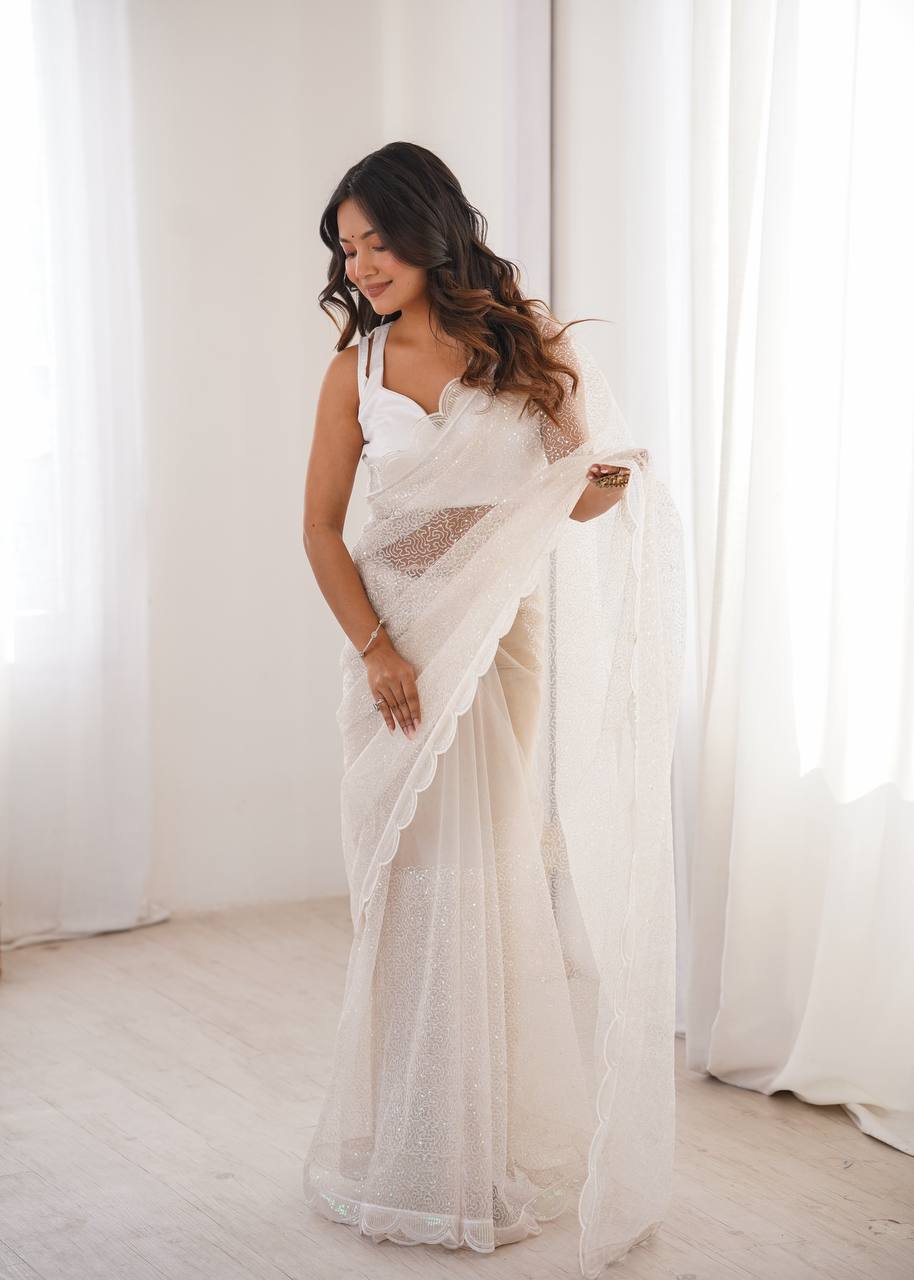 Pista Green And WhiteSequins Work Net Saree with Blouse Scalloped Border Party Wear