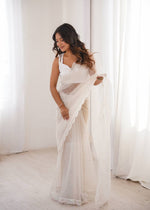 Pista Green And WhiteSequins Work Net Saree with Blouse Scalloped Border Party Wear