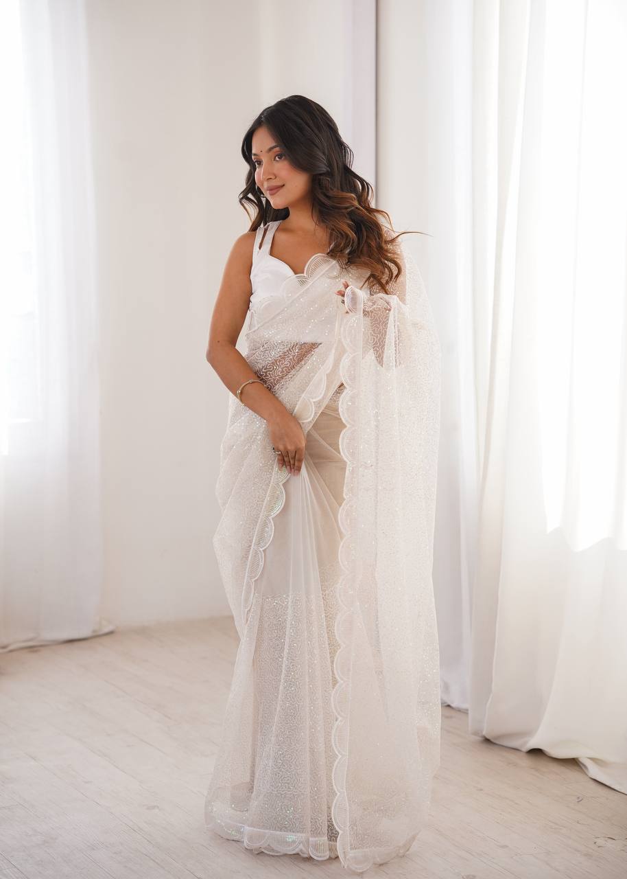 Pista Green And WhiteSequins Work Net Saree with Blouse Scalloped Border Party Wear