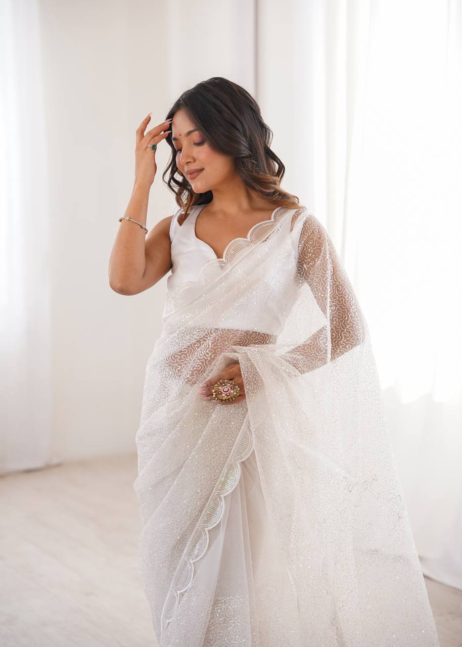 Pista Green And WhiteSequins Work Net Saree with Blouse Scalloped Border Party Wear