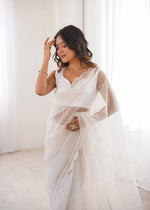 Pista Green And WhiteSequins Work Net Saree with Blouse Scalloped Border Party Wear
