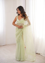 Pista Green And WhiteSequins Work Net Saree with Blouse Scalloped Border Party Wear