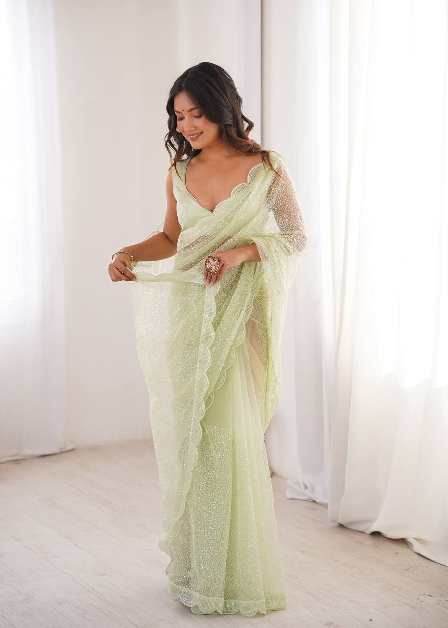 Pista Green And WhiteSequins Work Net Saree with Blouse Scalloped Border Party Wear