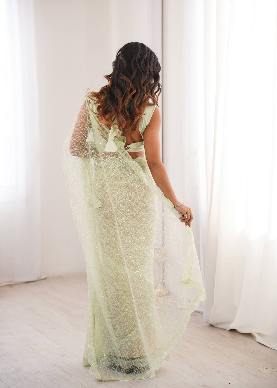 Pista Green And WhiteSequins Work Net Saree with Blouse Scalloped Border Party Wear