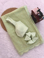 Pista Green And WhiteSequins Work Net Saree with Blouse Scalloped Border Party Wear