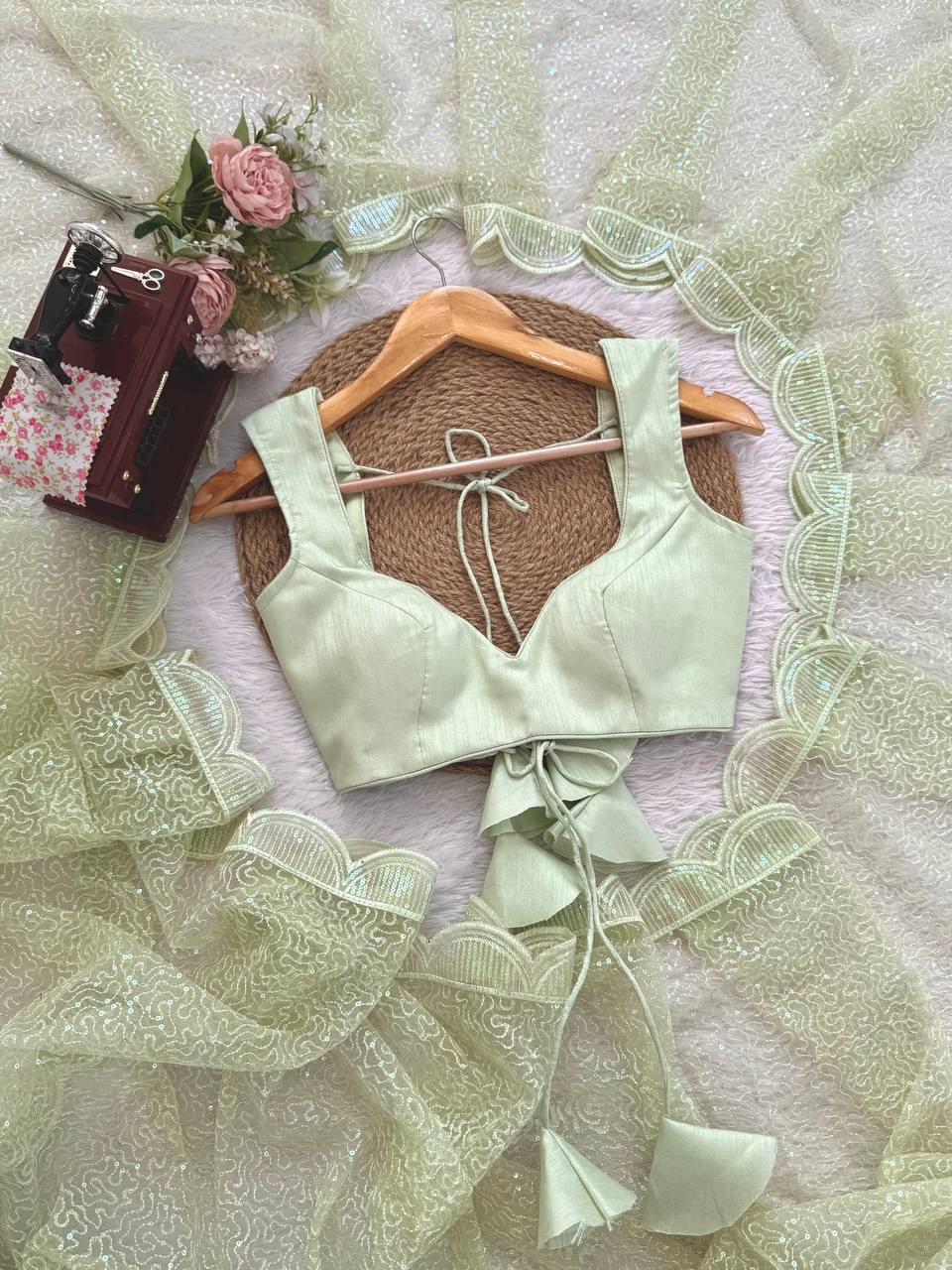Pista Green And WhiteSequins Work Net Saree with Blouse Scalloped Border Party Wear