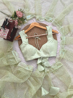Pista Green And WhiteSequins Work Net Saree with Blouse Scalloped Border Party Wear
