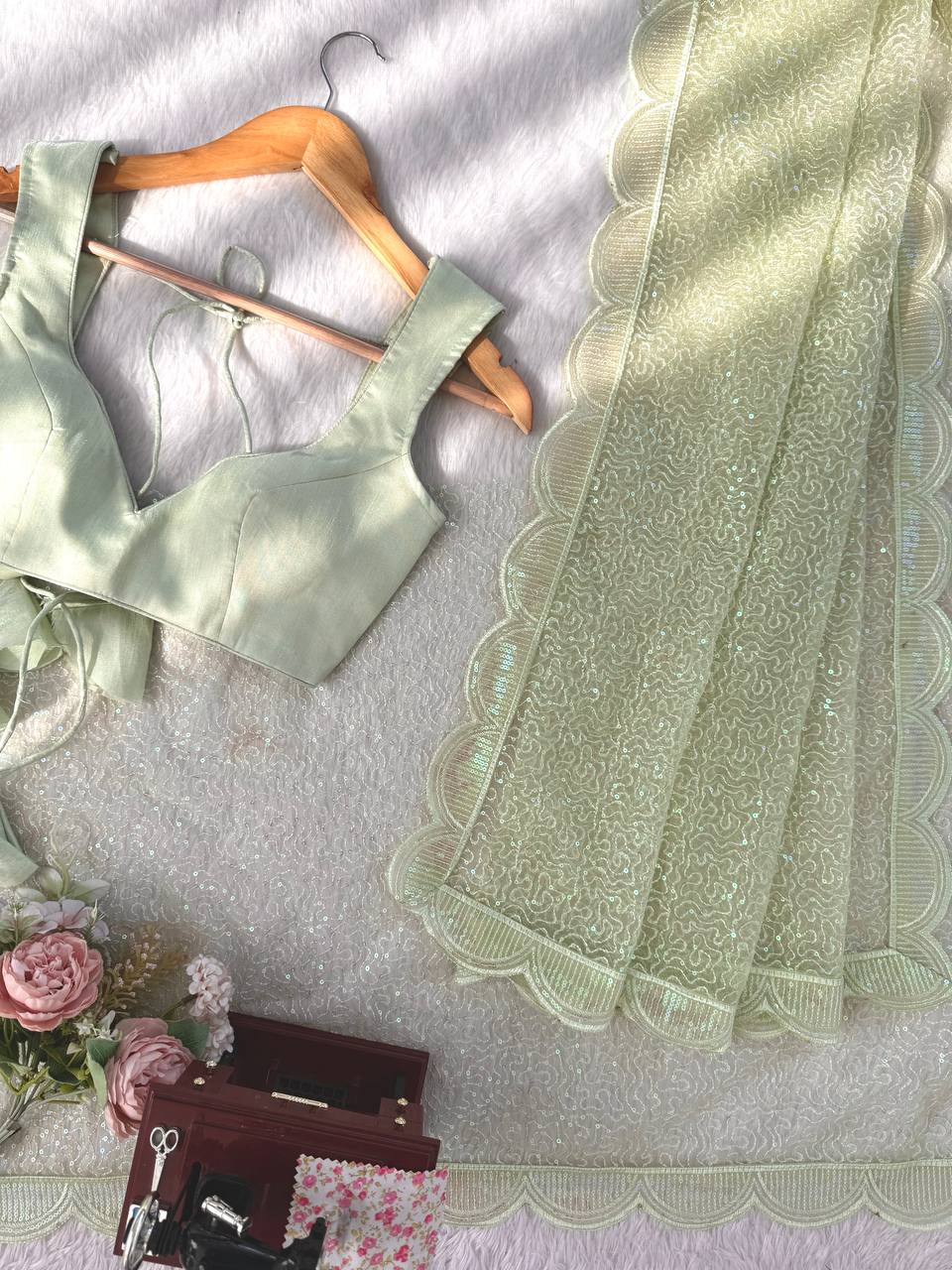 Pista Green And WhiteSequins Work Net Saree with Blouse Scalloped Border Party Wear