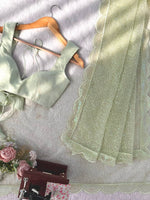 Pista Green And WhiteSequins Work Net Saree with Blouse Scalloped Border Party Wear