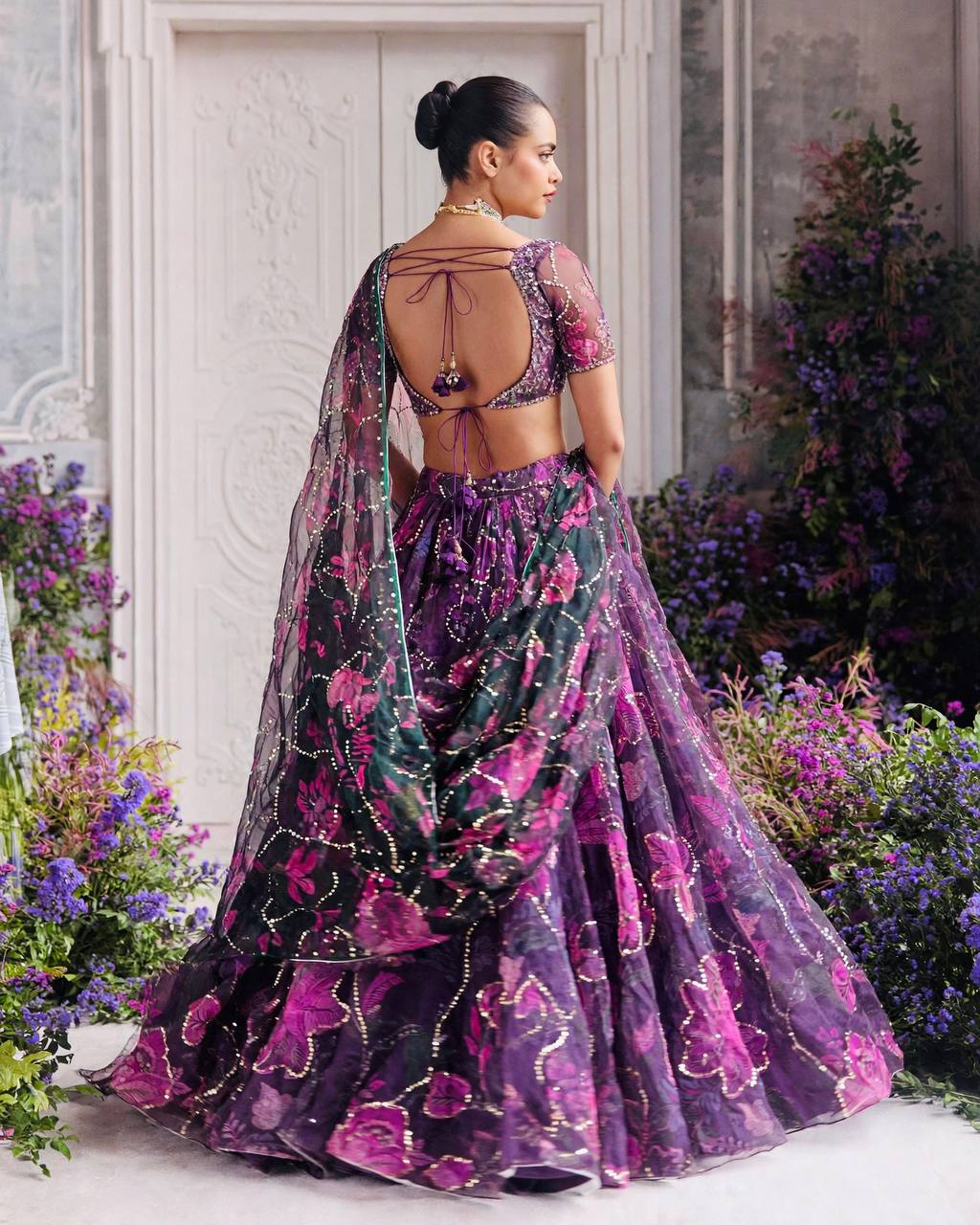 Wine Purple Floral PrintTabby Silk Lehenga Choli Sequins Work Dupatta Wedding